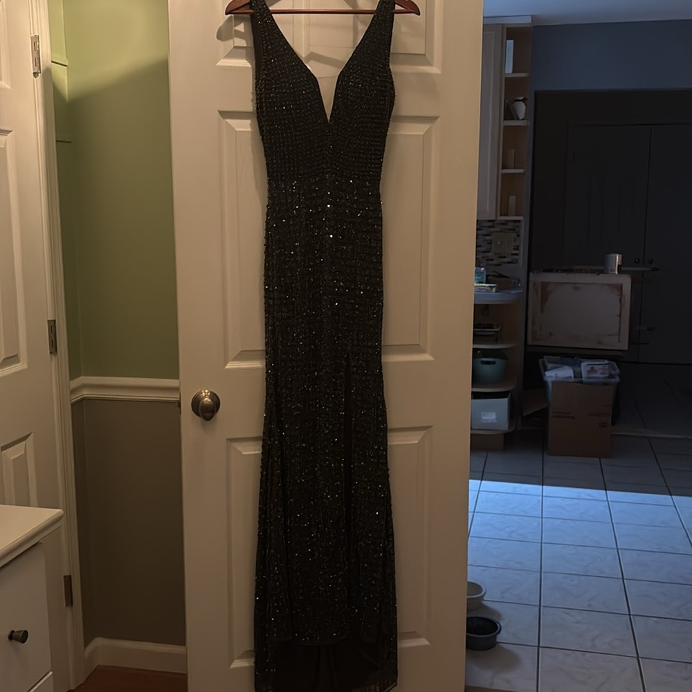 Primavera Couture Black Sequin Plunge Neck Gown- EMA!!
